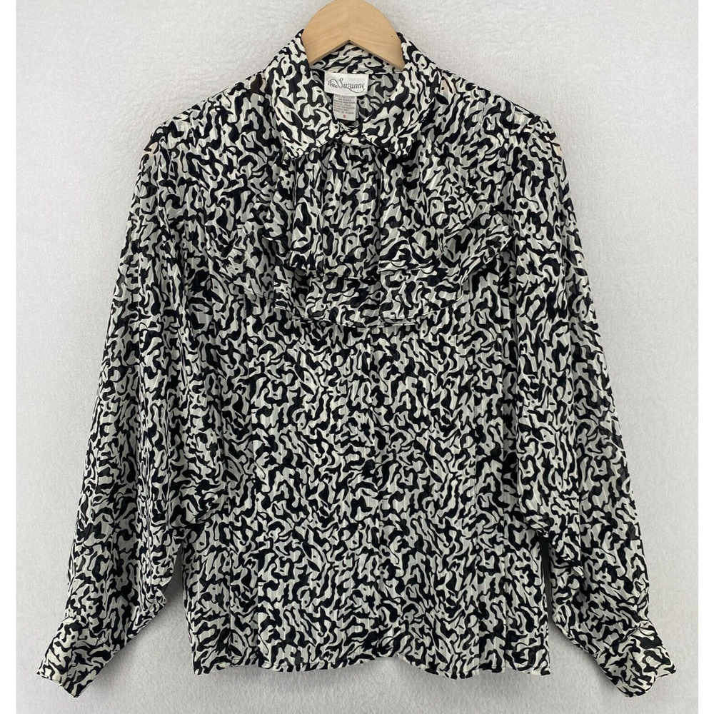 SUZANNE Blouse 8 Chiffon Printed Detachable Ruffle Collar Shoulder Pad Black Vtg